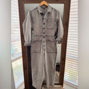 Free People Light Black Wash Denim Button Down Jumpsuit